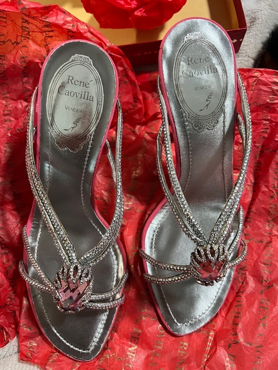 Rene Caovilla Shoes - Rene Caovilla Silver and Pink Crystal-Embellished Satin Slide Sandals
